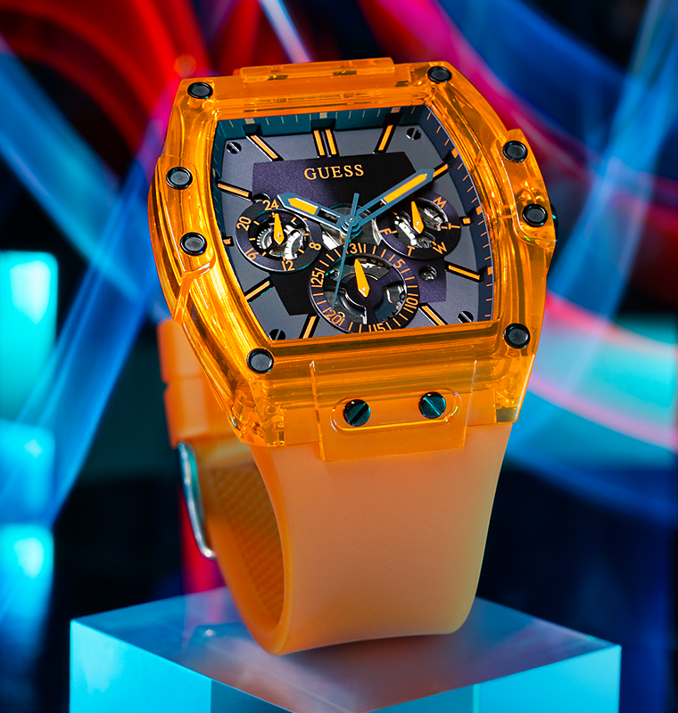 Guess Phoenix Multifunction Black Dial Orange Rubber Strap Watch For Men - GW0203G10 Buy Now By Guess