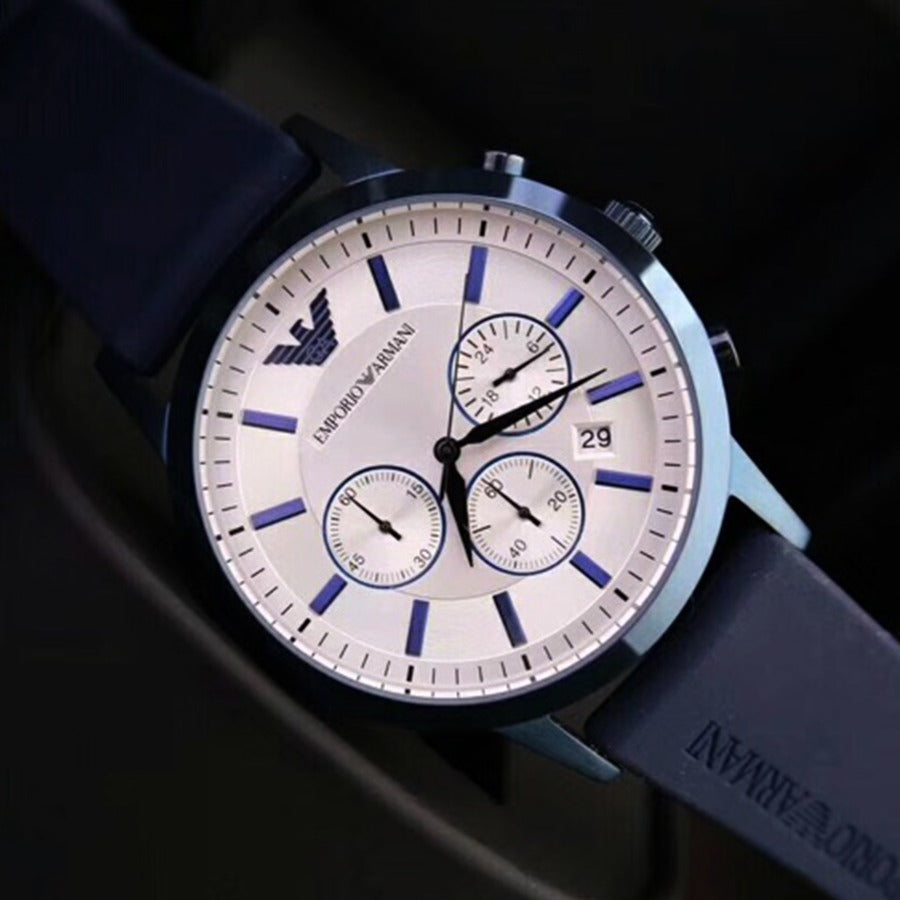 Emporio Armani Renato Chronograph Silver Dial Blue Silicone Strap Watch For Men - AR11026 Buy Now By Emporio Armani