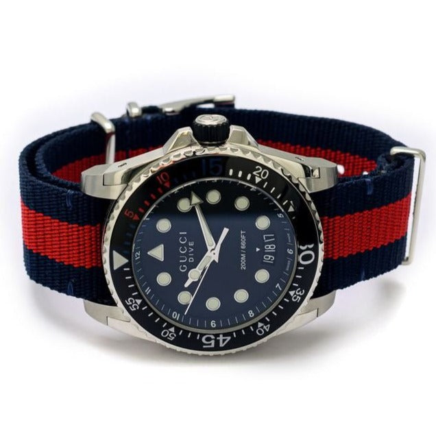 Gucci Dive Black Dial Red & Blue Nylon Strap Watch For Men - YA136210 Buy Now By Gucci