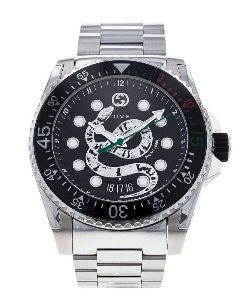 Gucci Dive Snake Black Dial Silver Steel Strap Watch For Men - YA136218 Buy Now By Gucci