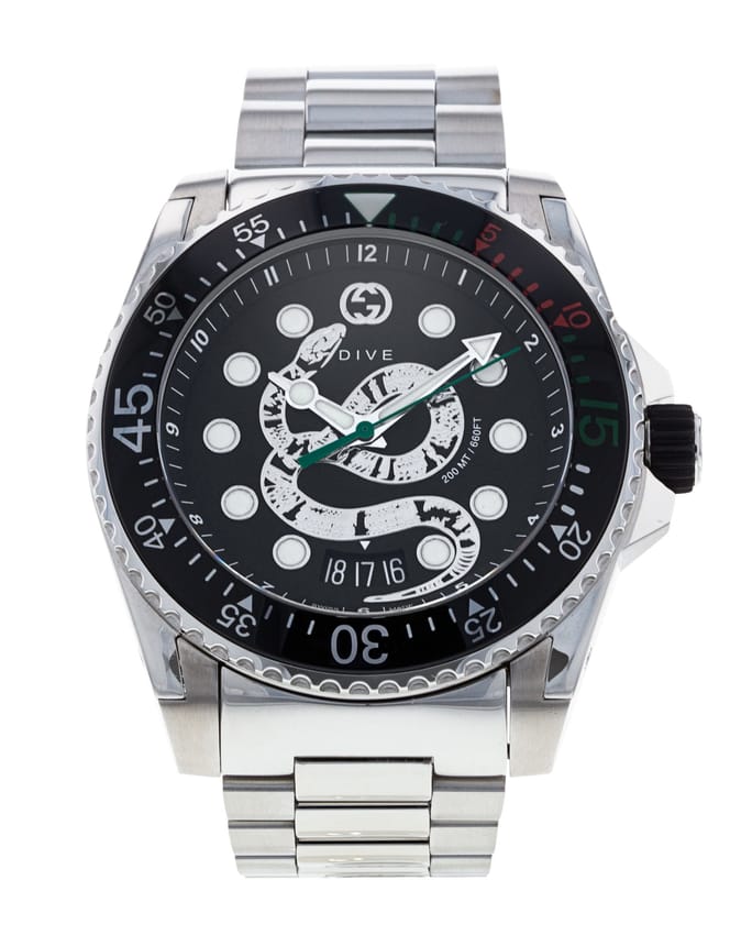 Gucci Dive Snake Black Dial Silver Steel Strap Watch For Men - YA136218 Buy Now By Gucci