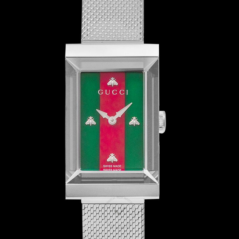 Gucci G Frame Red and Green Dial Silver Mesh Bracelet Watch For Women - YA147401 Buy Now By Gucci