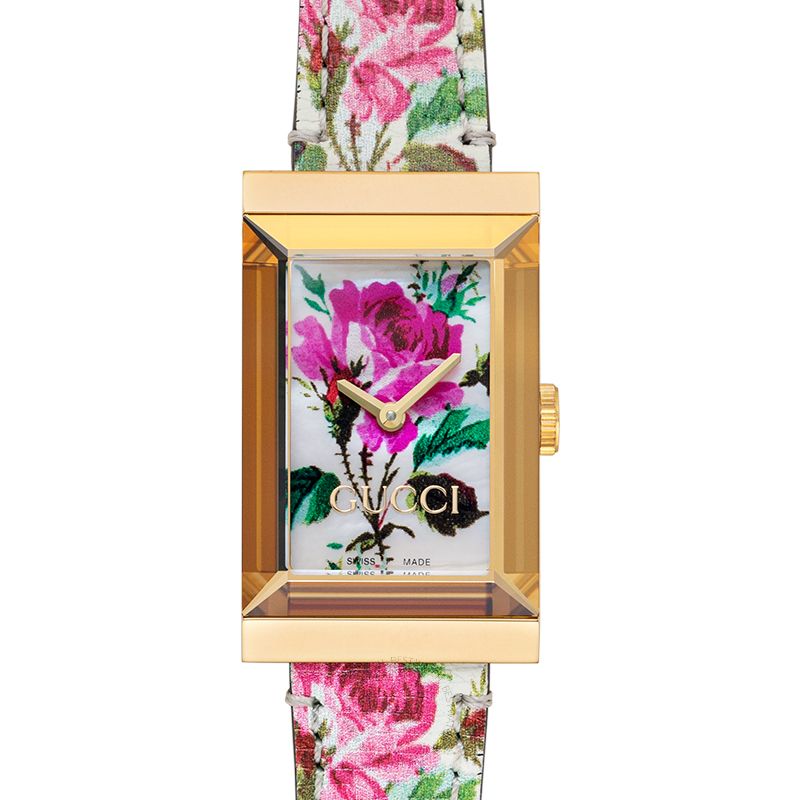 Gucci G-Frame Floral Mother of Pearl Dial White Leather Strap Watch For Women - YA147406 Buy Now By Gucci