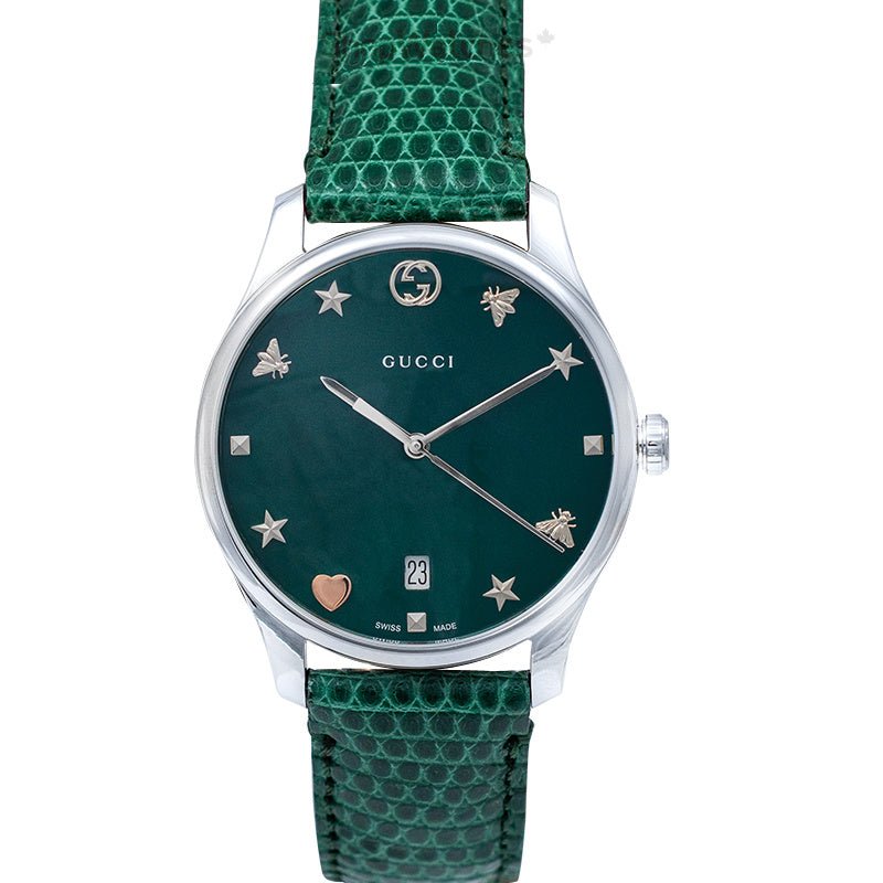 Gucci G-Timeless Mother of Pearl Green Dial Green Leather Strap Watch For Women - YA1264042 Buy Now By Gucci