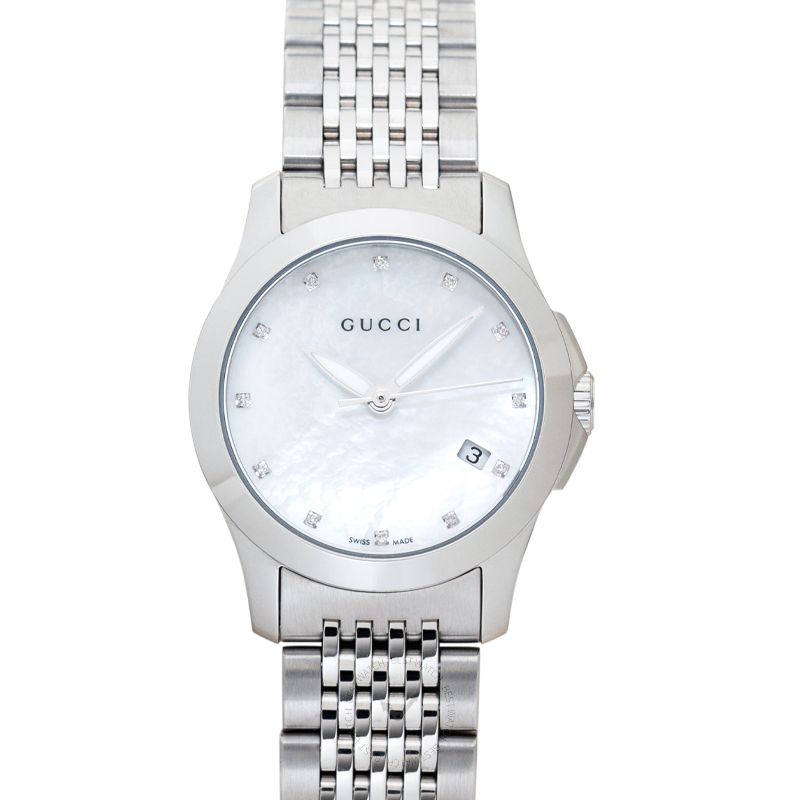 Gucci G Timeless Diamonds Mother of Pearl Dial Silver Steel Strap Watch For Women - YA126504 Buy Now By Gucci