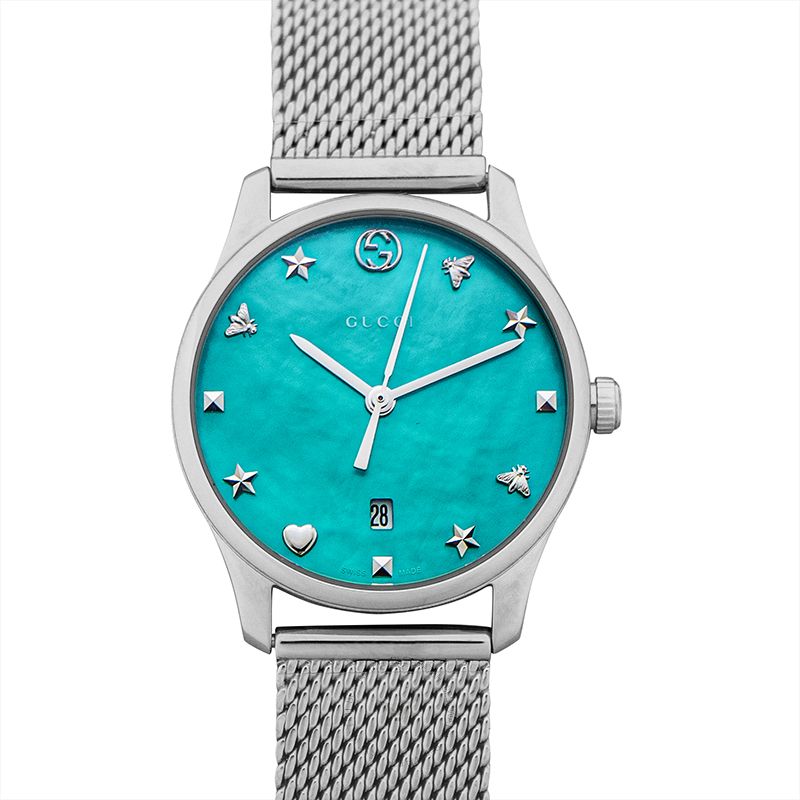Gucci G-Timeless Turquoise Mother of Pearl Dial Silver Mesh Bracelet Watch For Women - YA126582 Buy Now By Gucci