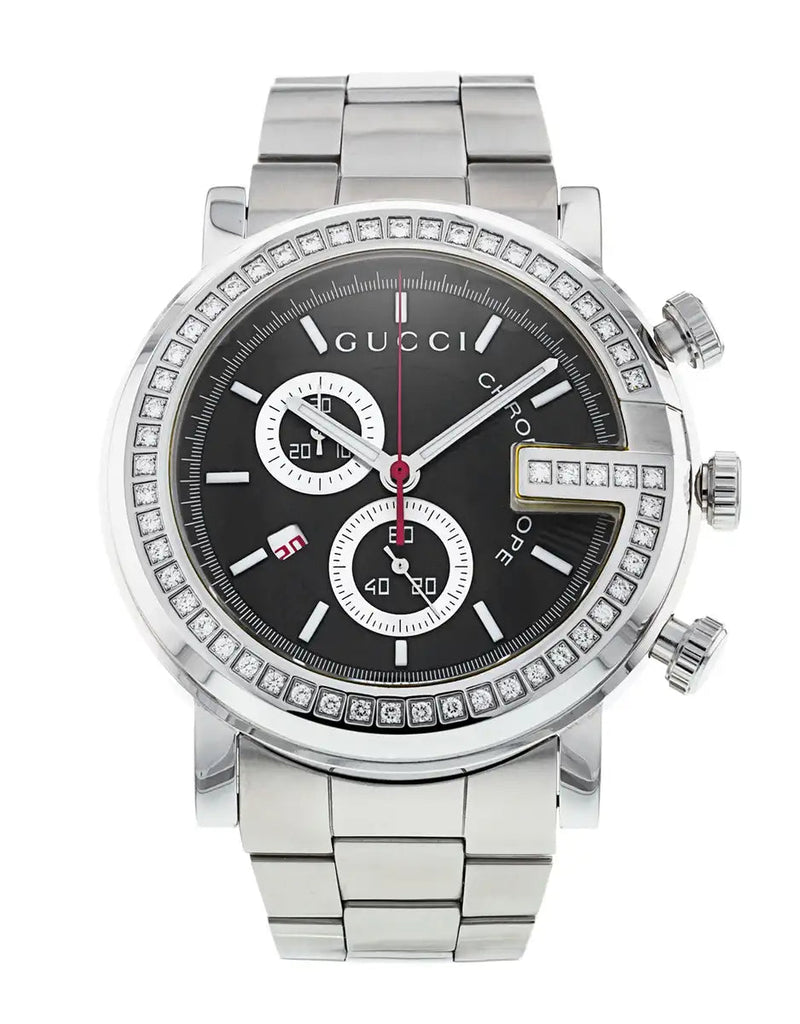 Gucci G Chrono Diamonds Black Dial Silver Steel Strap Watch For Men - YA101324 Buy Now By Gucci