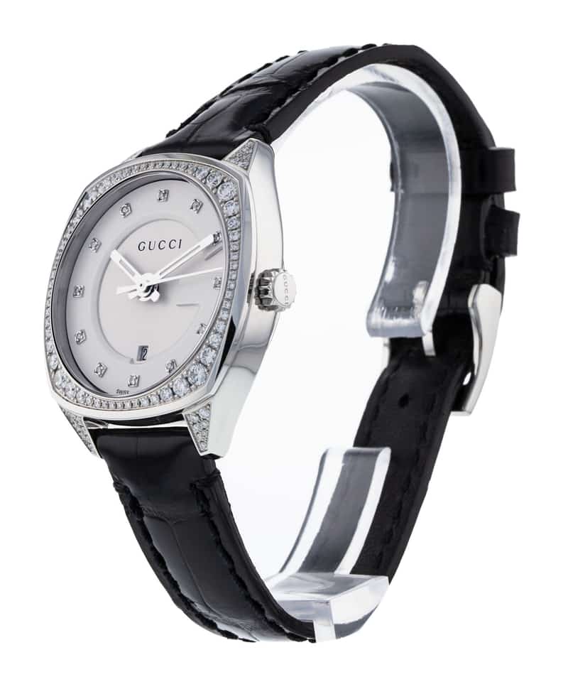 Gucci GG2570 Diamonds Silver Dial Black Leather Strap Watch For Women - YA142507 Buy Now By Gucci