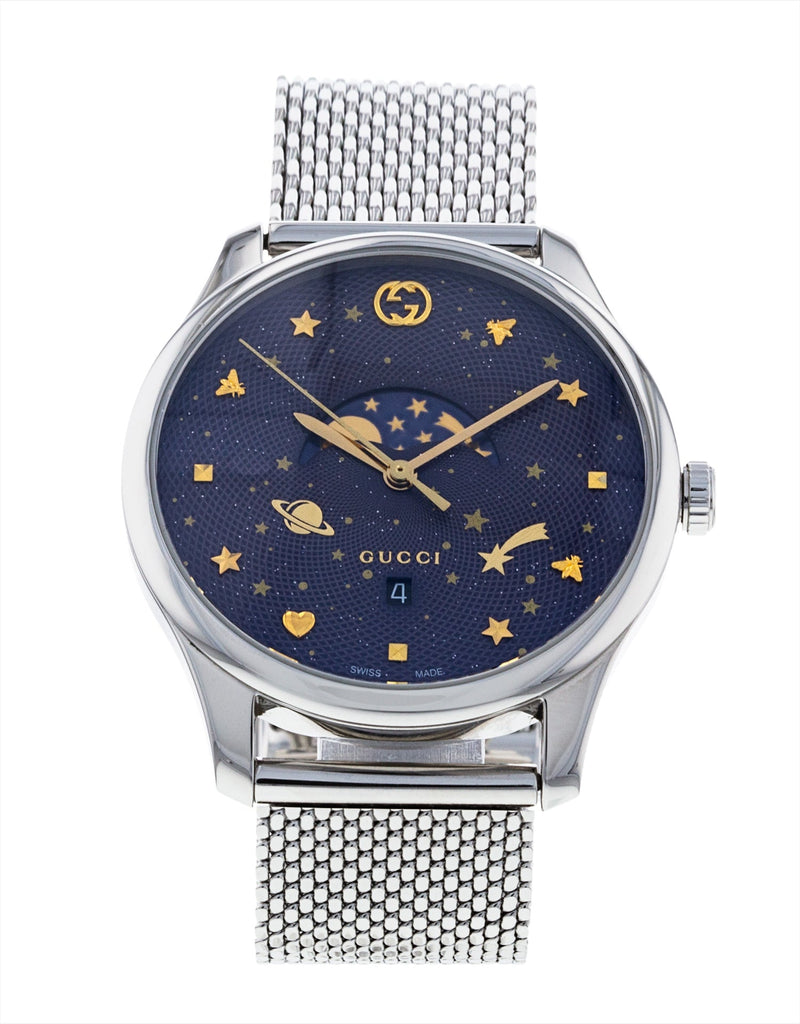 Gucci G-Timeless Motifs Moon Phase Blue Dial Silver Mesh Bracelet Watch For Men - YA126328 Buy Now By Gucci