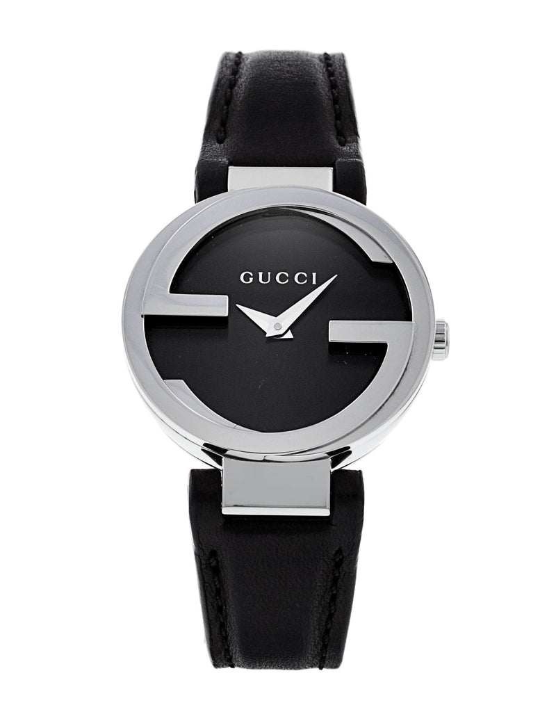 Gucci G Interlocking Black Dial Black Leather Strap Watch For Women - YA133501 Buy Now By Gucci