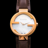 Gucci G Interlocking Mother of Pearl Dial Brown Leather Strap Watch For Women - YA133516 Buy Now By Gucci