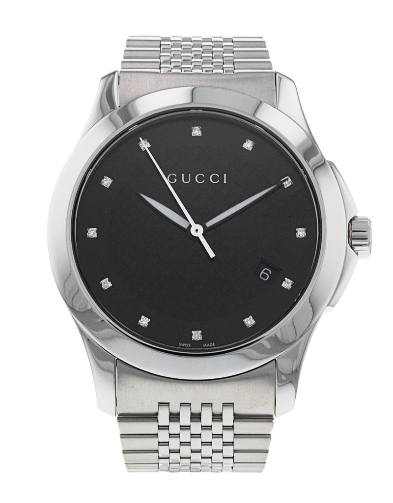 Gucci G Timeless Diamonds Black Dial Silver Steel Strap Watch For Men - YA126405 Buy Now By Gucci