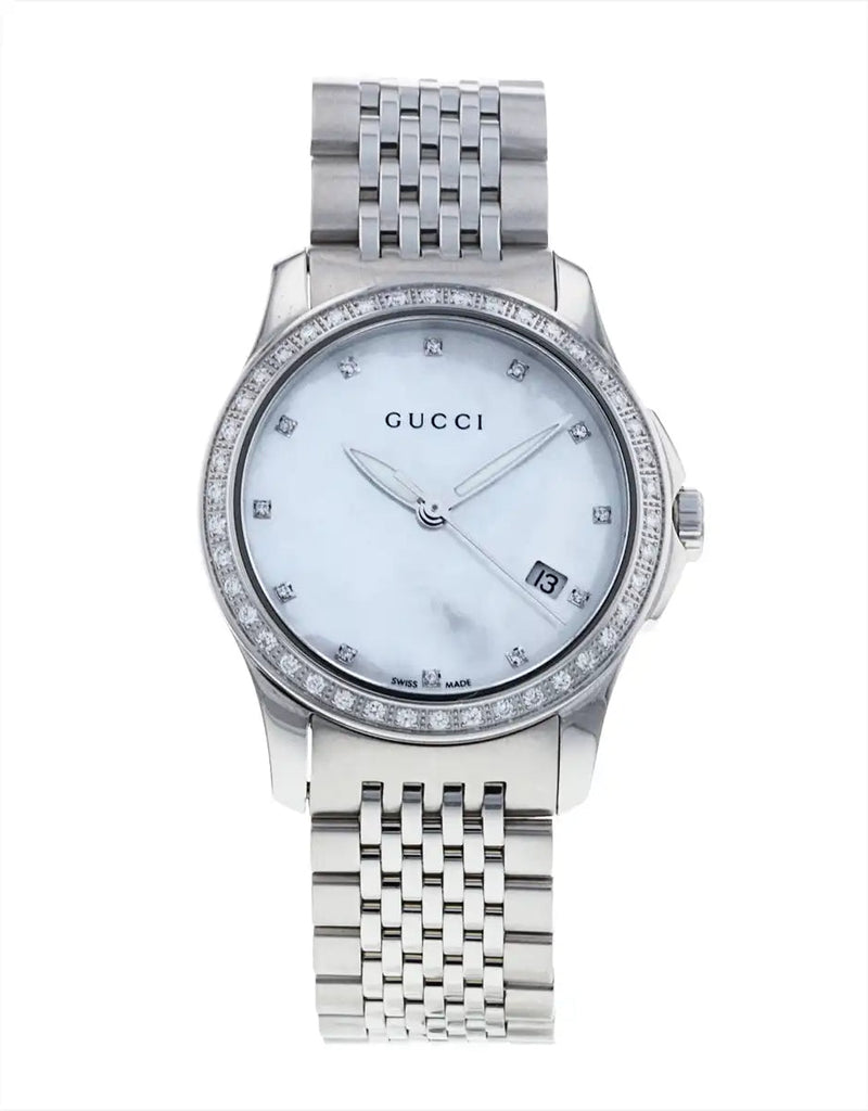 Gucci G Timeless Diamonds Mother of Pearl Dial Silver Steel Strap Watch For Women - YA126506 Buy Now By Gucci