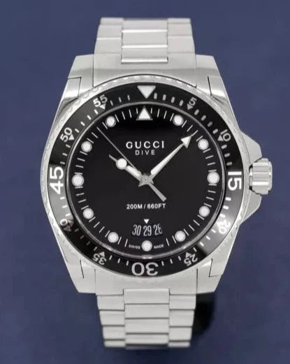 Gucci Dive Quartz Black Dial Silver Steel Strap Watch For Men - YA136301B Buy Now By Gucci