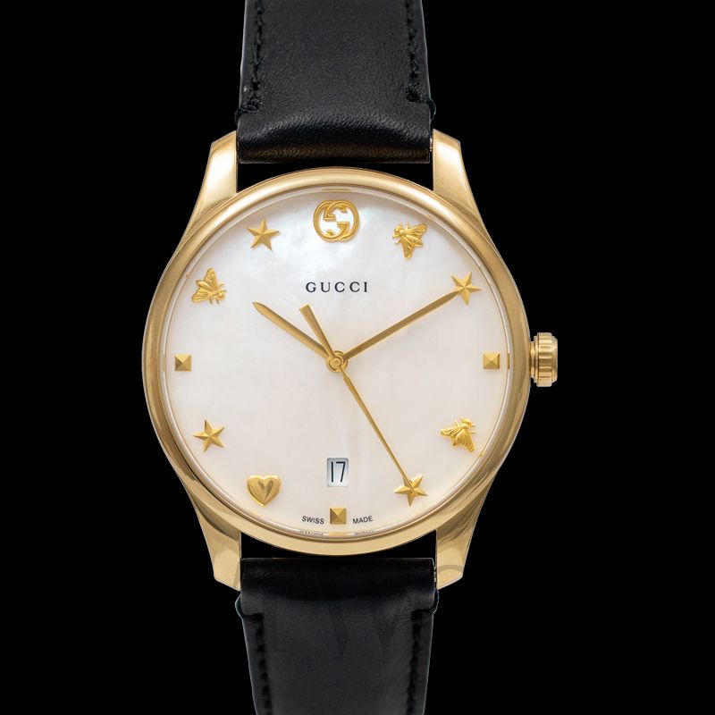 Gucci G-Timeless Mother of Pearl Dial Black Leather Strap Watch For Women - YA126589 Buy Now By Gucci