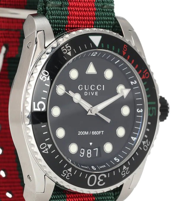 Gucci Dive Black Dial Red & Green Nylon Strap Watch For Men - YA136209 Buy Now By Gucci