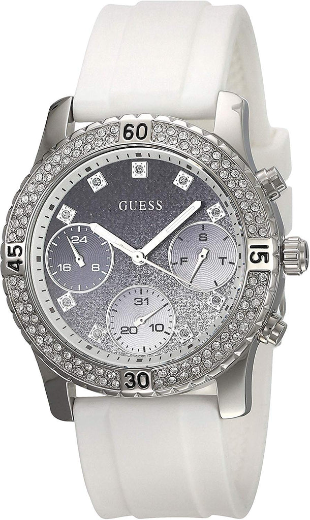 Guess Confetti Crystal Black Dial White Silicone Strap Watch For Women - W1098L1 Buy Now By Guess