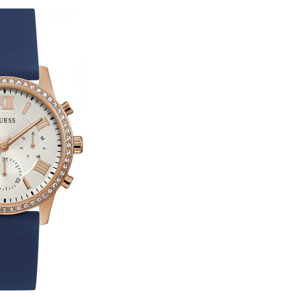 Guess Solar White Rose Gold Dial Blue Rubber Strap Watch For Women - W1135L3 Buy Now By Guess