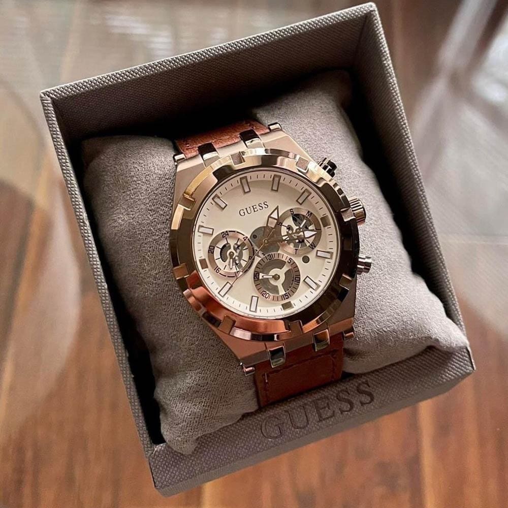 Guess Analog Multifunction White Dial Brown Leather Strap Watch for Men - GW0262G3 Buy Now By Guess