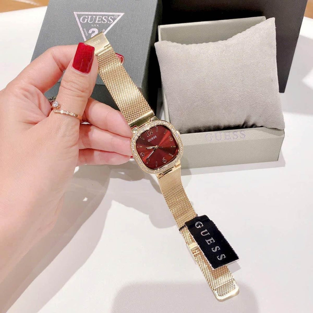 Guess Quartz Red Dial Gold Mesh Strap Watch For Women - GW0354L4 Buy Now By Guess