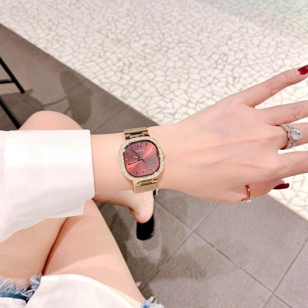 Guess Quartz Red Dial Gold Mesh Strap Watch For Women - GW0354L4 Buy Now By Guess