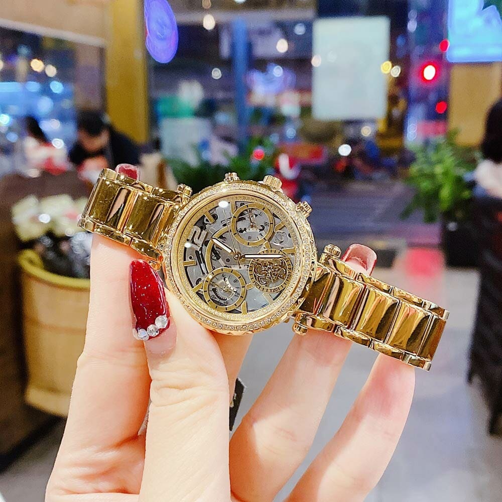 Guess Solstice Diamonds Gold Dial Gold Steel Strap Watch for Women - GW0403L2 Buy Now By Guess