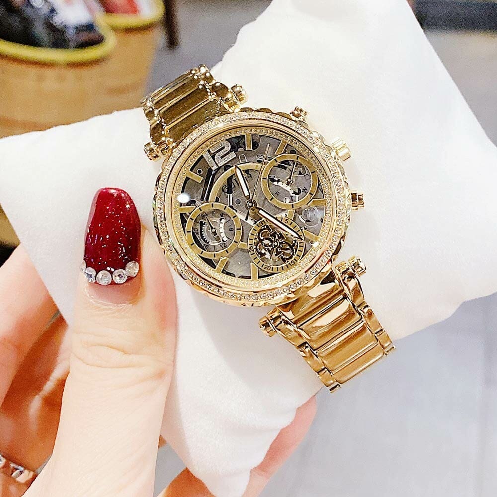 Guess Solstice Diamonds Gold Dial Gold Steel Strap Watch for Women - GW0403L2 Buy Now By Guess