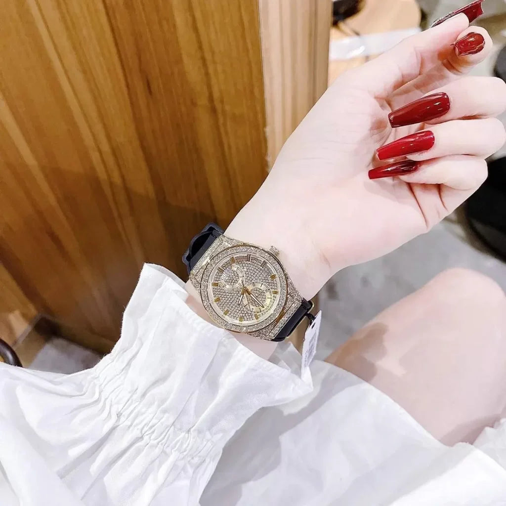 Guess Princess Crystals Gold Dial Black Silicone Strap Watch For Women - GW0439L2 Buy Now By Guess