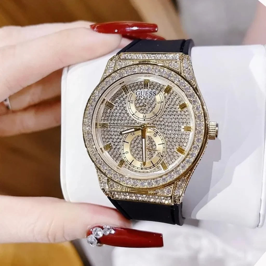 Guess Princess Crystals Gold Dial Black Silicone Strap Watch For Women - GW0439L2 Buy Now By Guess