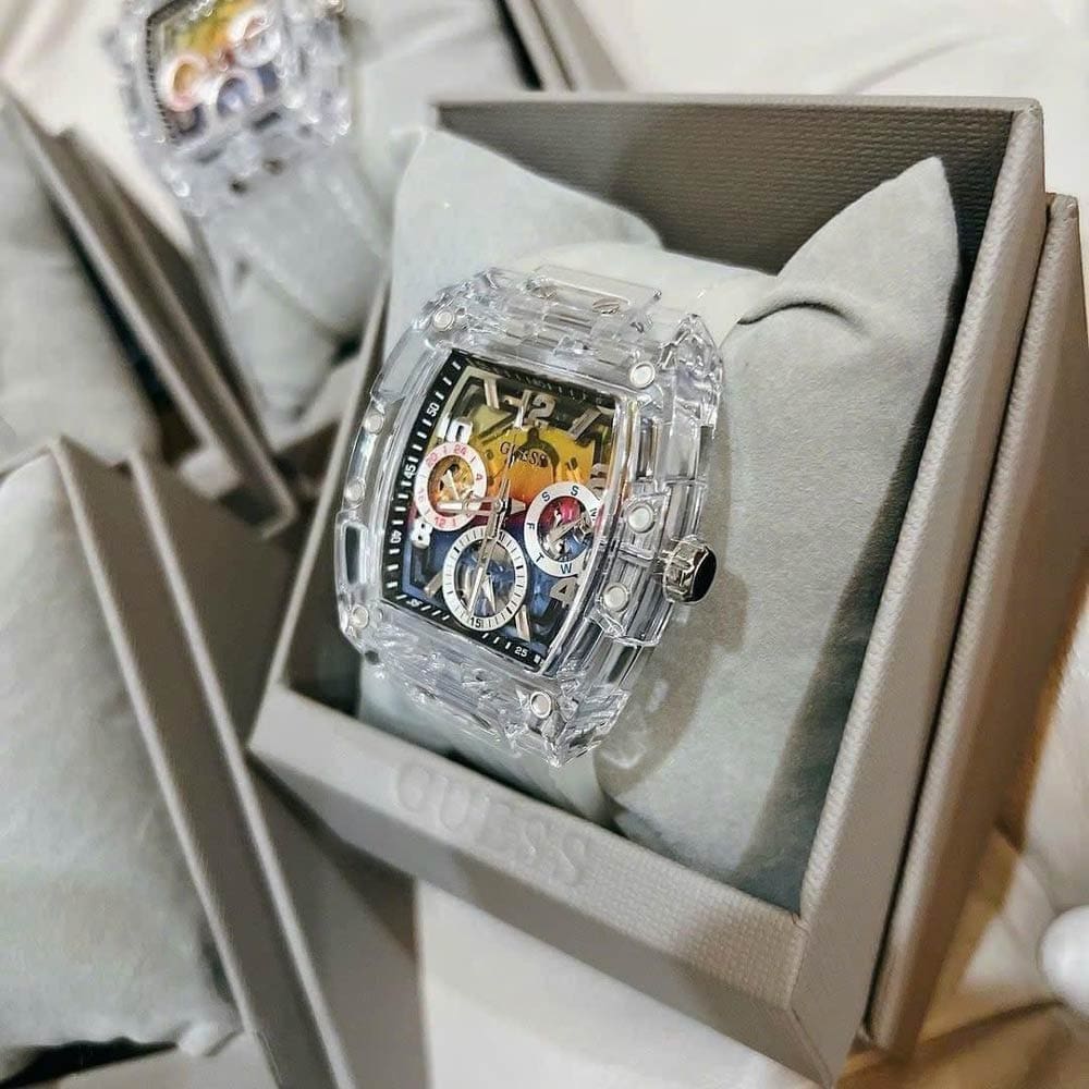 Guess Phoenix Polycarbonate Clear Multi-function Black Dial Clear Rubber Strap Watch for Men - GW0499G3 Buy Now By Guess