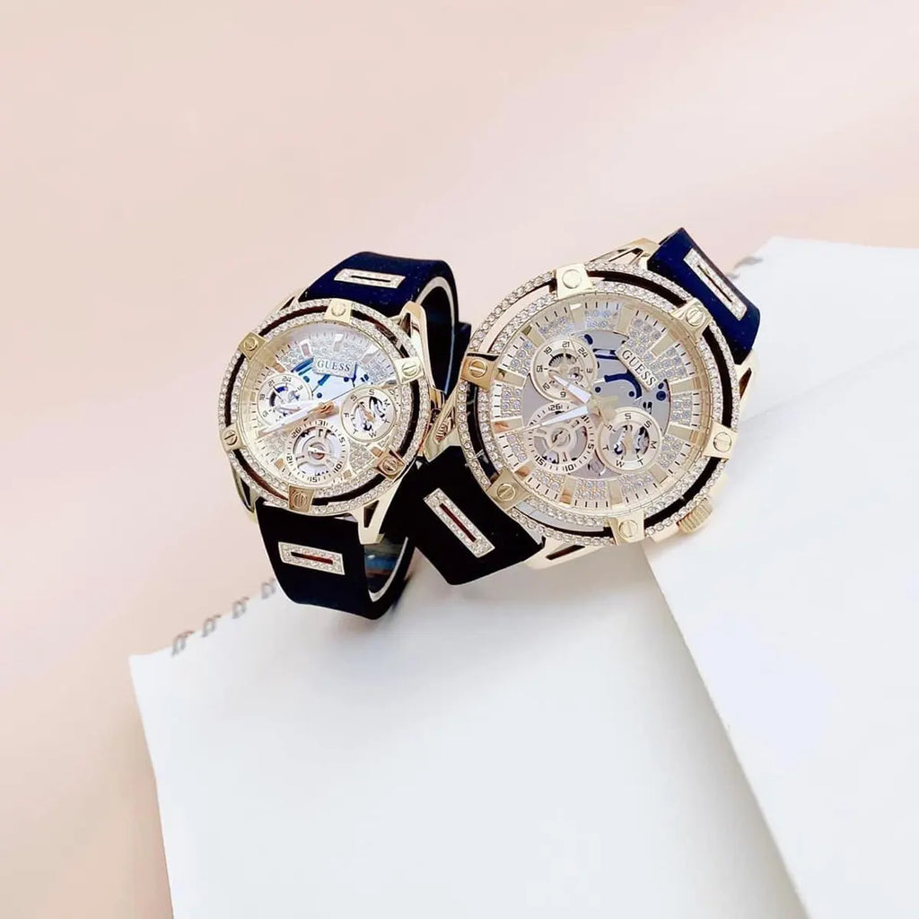 Guess Queen Quartz Gold Dial Black Silicone Strap Watch For Women - GW0536L3 Buy Now By Guess