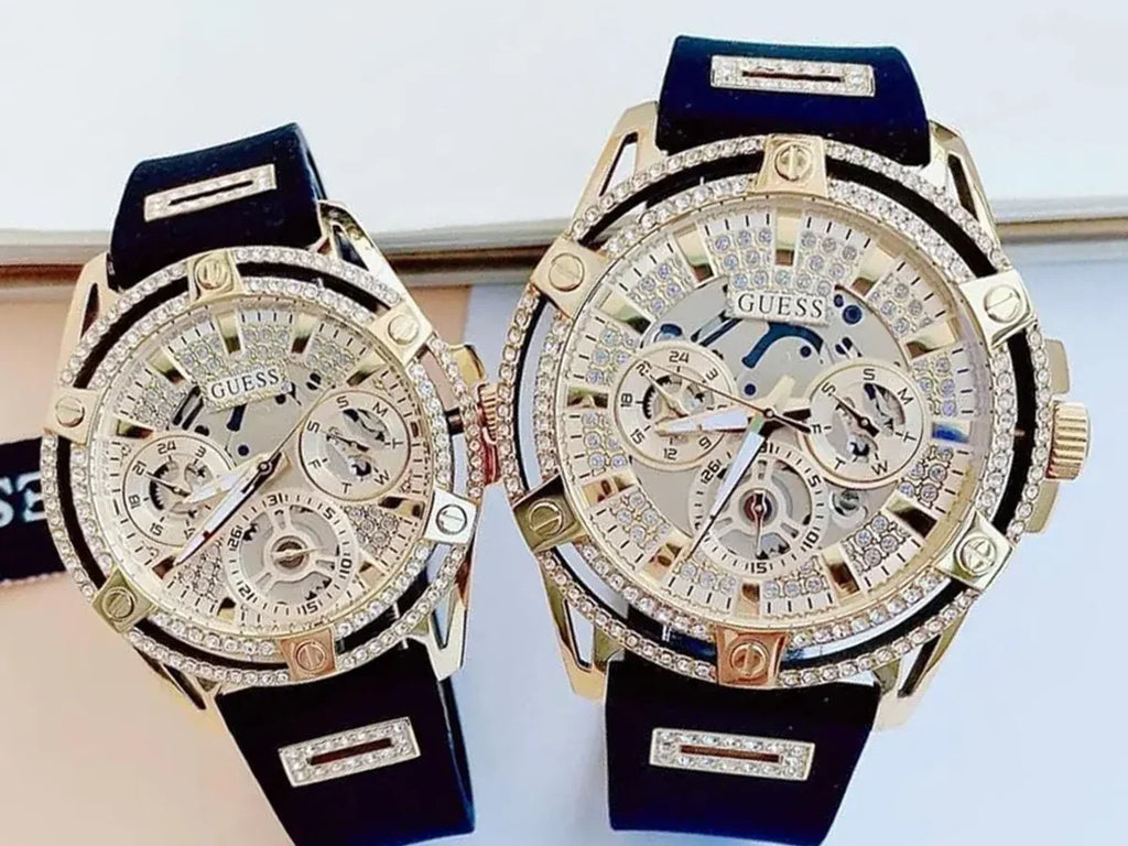 Guess King Quartz Crystals Gold Dial Black Silicone Strap Watch For Men - GW0537G2 Buy Now By Guess