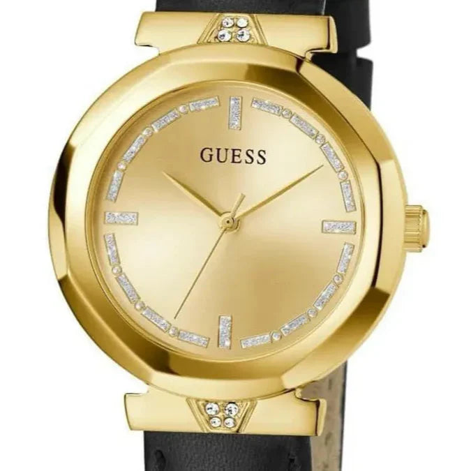 Guess Rumour Quartz Gold Dial Black Leather Strap Watch For Women - GW0689L2 Buy Now By Guess