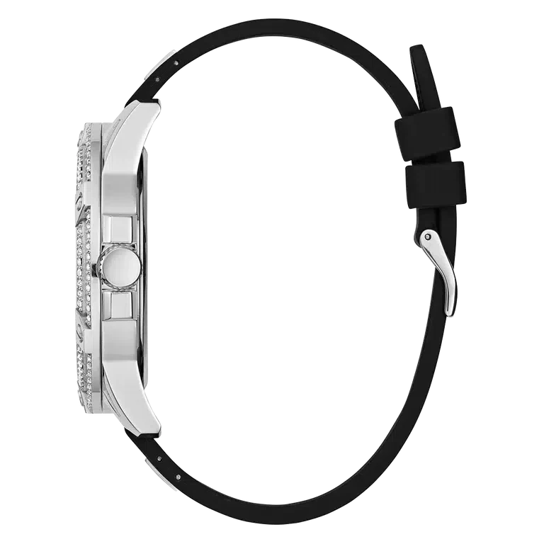 Guess King Quartz Crystals Silver Dial Black Silicone Strap Watch For Men - GW0537G1 Buy Now By Guess