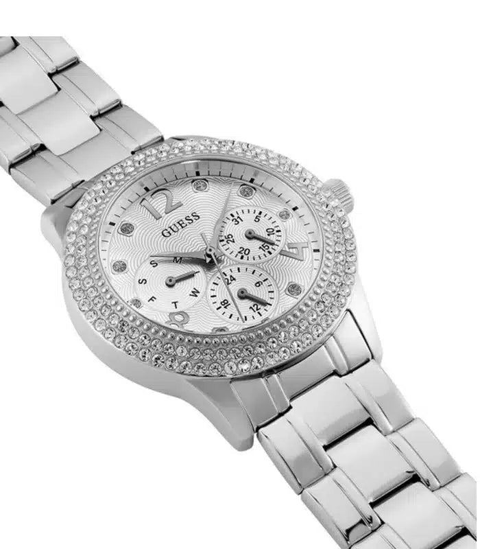 Guess Bedazzle Diamonds Silver Dial Silver Steel Strap Watch For Women - W1097L1 Buy Now By Guess