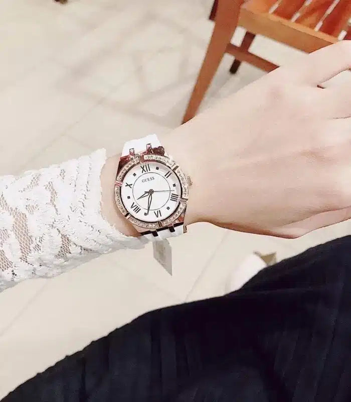 Guess Cosmo Diamonds Silver Dial White Rubber Strap Watch for Women - GW0034L2 Buy Now By Guess