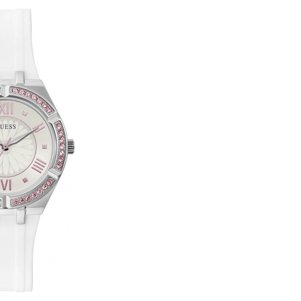 Guess Sparkling Silver Dial White Rubber Strap Watch For Women - GW0032L1 Buy Now By Guess
