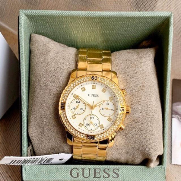 Guess Solar Chronograph Diamonds White Dial Gold Steel Strap Watch for Women - W1069L2 Buy Now By Guess