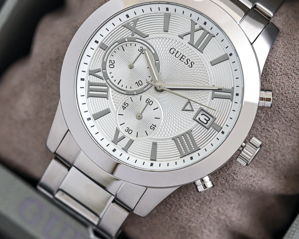 Guess Atlas Chronograph Silver Dial Silver Steel Strap Watch For Men - W0668G7 Buy Now By Guess