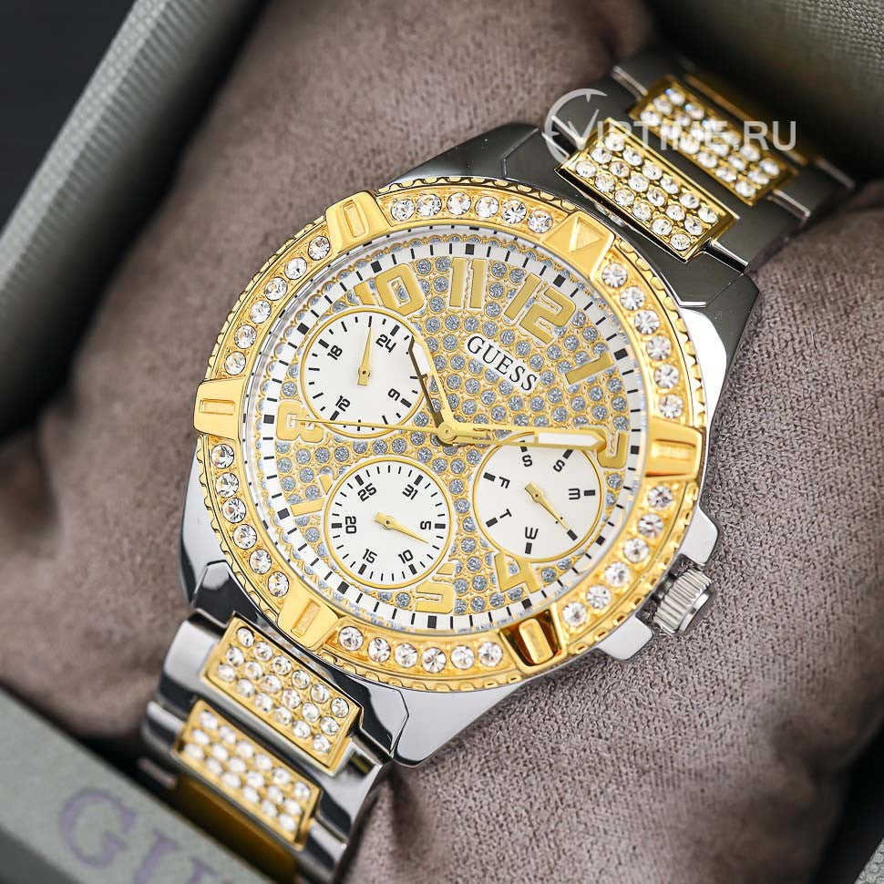 Guess Frontier Chronograph Crystals Gold Dial Two Tone Steel Strap Watch For Women - W1156L5 Buy Now By Guess