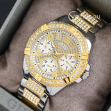 Guess Frontier Chronograph Crystals Gold Dial Two Tone Steel Strap Watch For Women - W1156L5 Buy Now By Guess