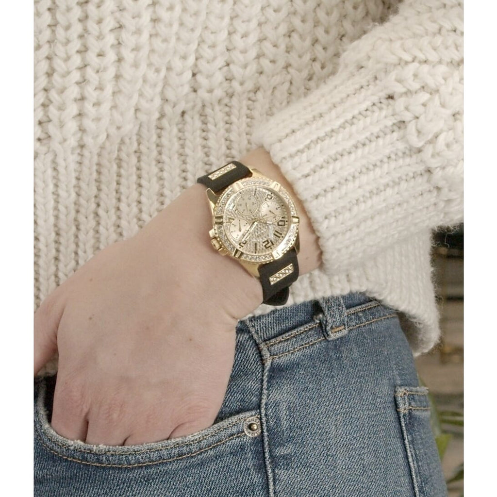 Guess Frontier Diamonds Gold Dial Black Rubber Strap Watch For Women - W1160L1 Buy Now By Guess