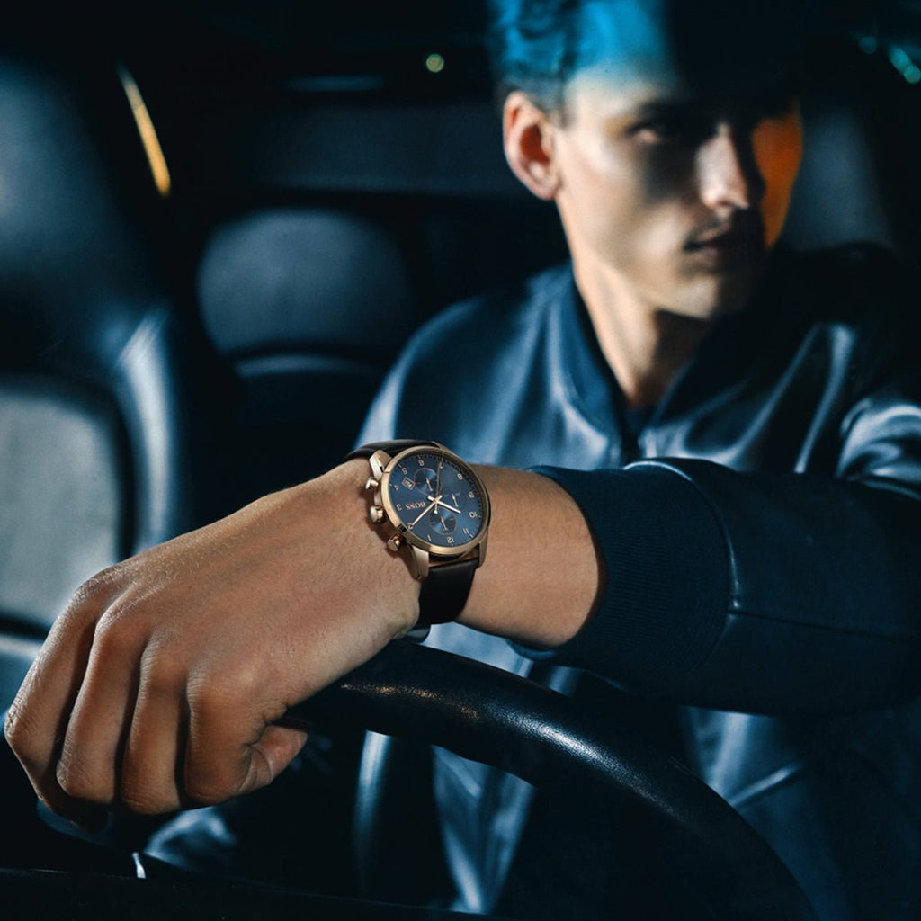 Hugo Boss Skymaster Chronograph Blue Dial Black Leather Strap Watch for Men - 1513783 Buy Now By Hugo Boss