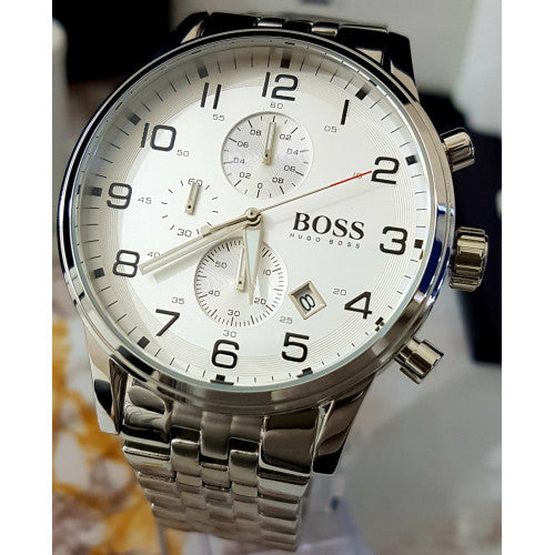 Hugo Boss Aeroliner Chronograph Quartz White Dial Silver Steel Strap Watch For Men - HB1512445 Buy Now By Hugo Boss