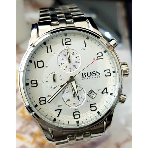 Hugo Boss Aeroliner Chronograph Quartz White Dial Silver Steel Strap Watch For Men - HB1512445 Buy Now By Hugo Boss