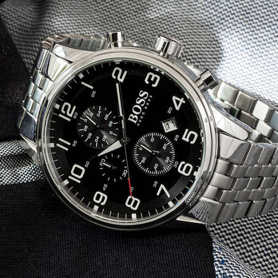 Hugo Boss Aeroliner Chronograph Quartz Black Dial Silver Steel Strap Watch For Men - HB1512446 Buy Now By Hugo Boss