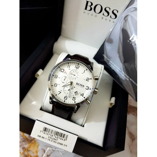 Hugo Boss Aeroliner Chronoraph White Dial Brown Leather Strap Watch For Men - HB1512447 Buy Now By Hugo Boss