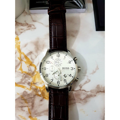 Hugo Boss Aeroliner Chronoraph White Dial Brown Leather Strap Watch For Men - HB1512447 Buy Now By Hugo Boss
