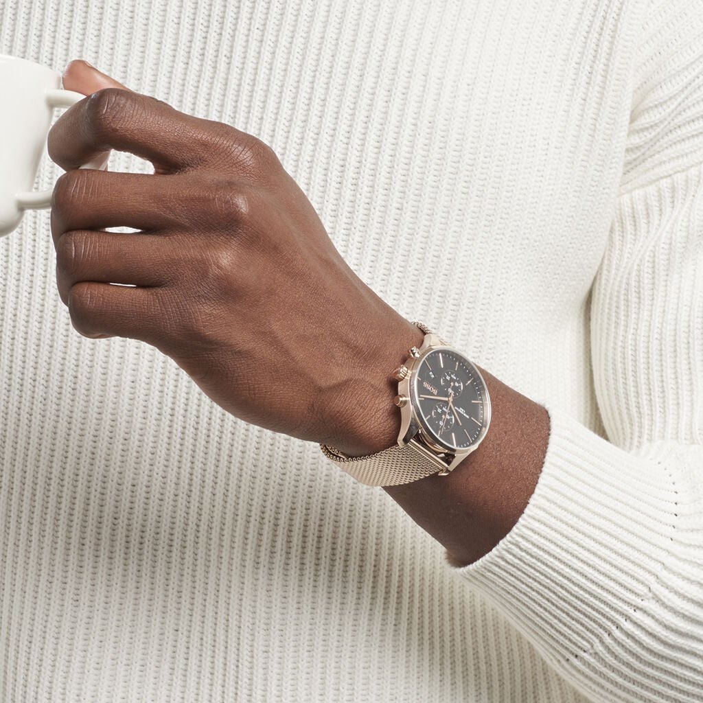 Hugo Boss Associate Black Dial Rose Gold Mesh Bracelet Watch for Men - 1513806 Buy Now By Hugo Boss