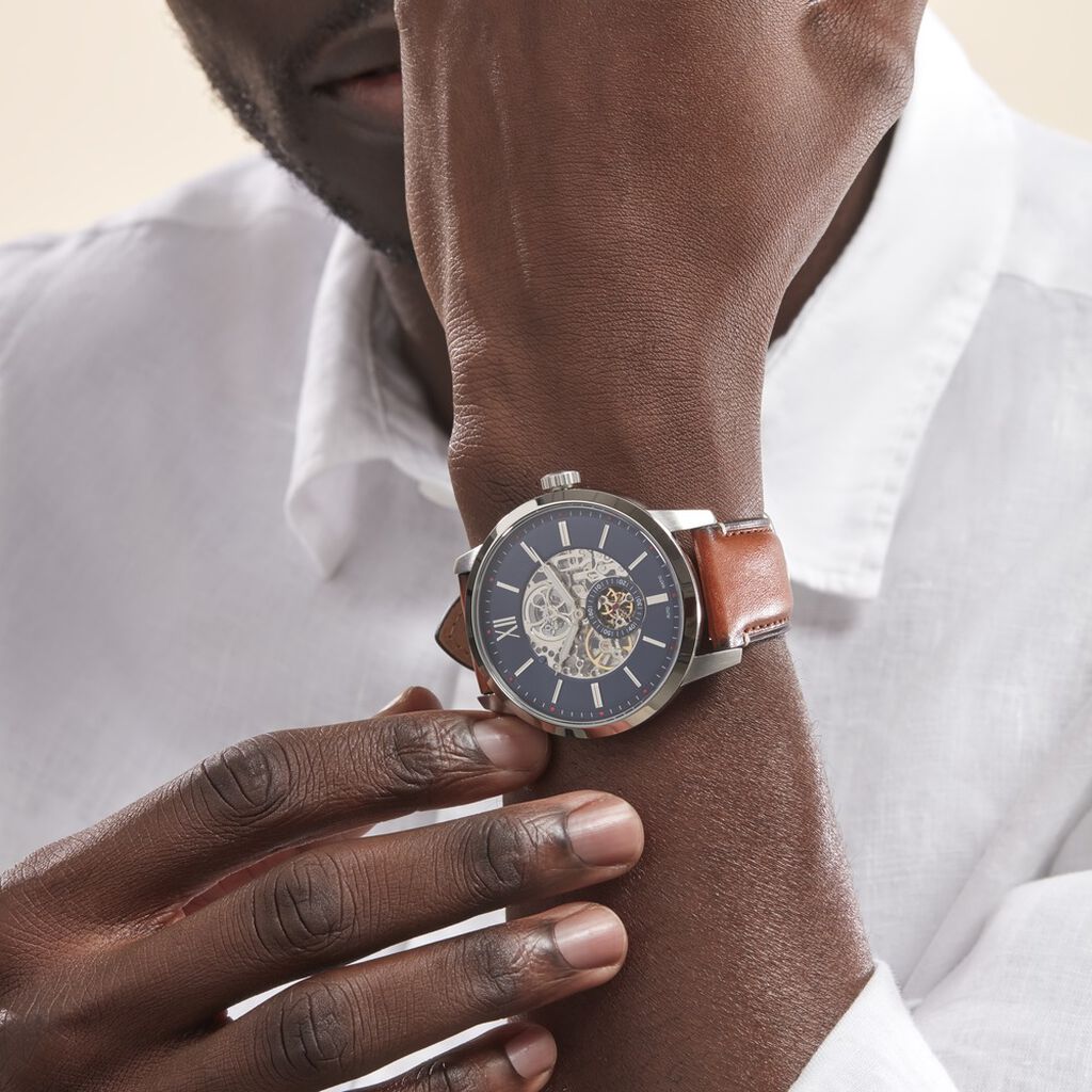 Fossil Townsman Automatic Skeleton Blue Dial Brown Leather Strap Watch for Men - ME3154 Buy Now By Fossil